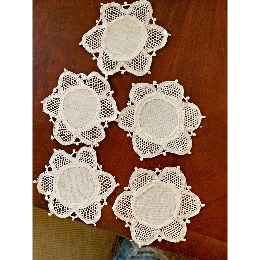 Vintage Lot 5 Handmade Crochet White LACE TRIM Doilies Coasters